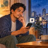 Professional at home in the evening considering a work notification on a phone