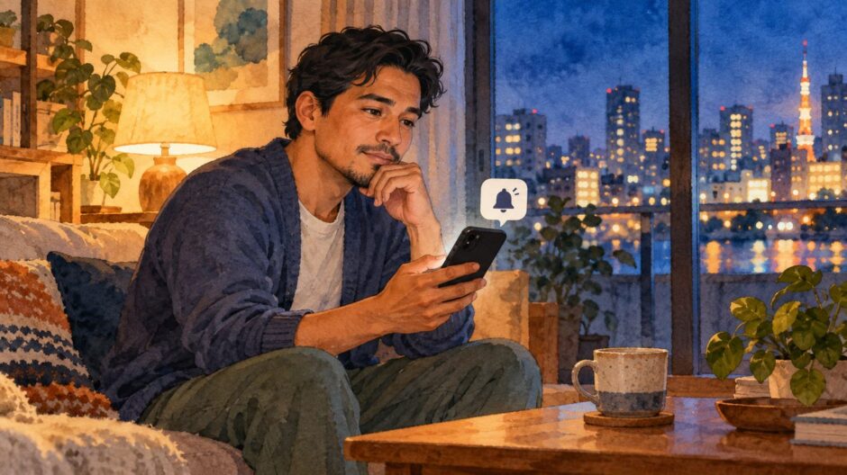 Professional at home in the evening considering a work notification on a phone