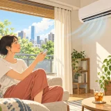 Resident using the remote for a wall-mounted air conditioner in a Japanese apartment
