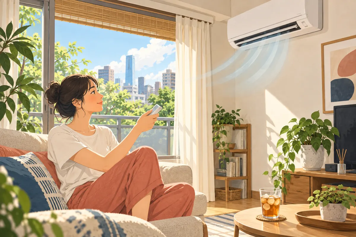 Resident using the remote for a wall-mounted air conditioner in a Japanese apartment