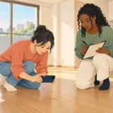 Two new tenants document a floor scratch in a Japanese apartment before unpacking
