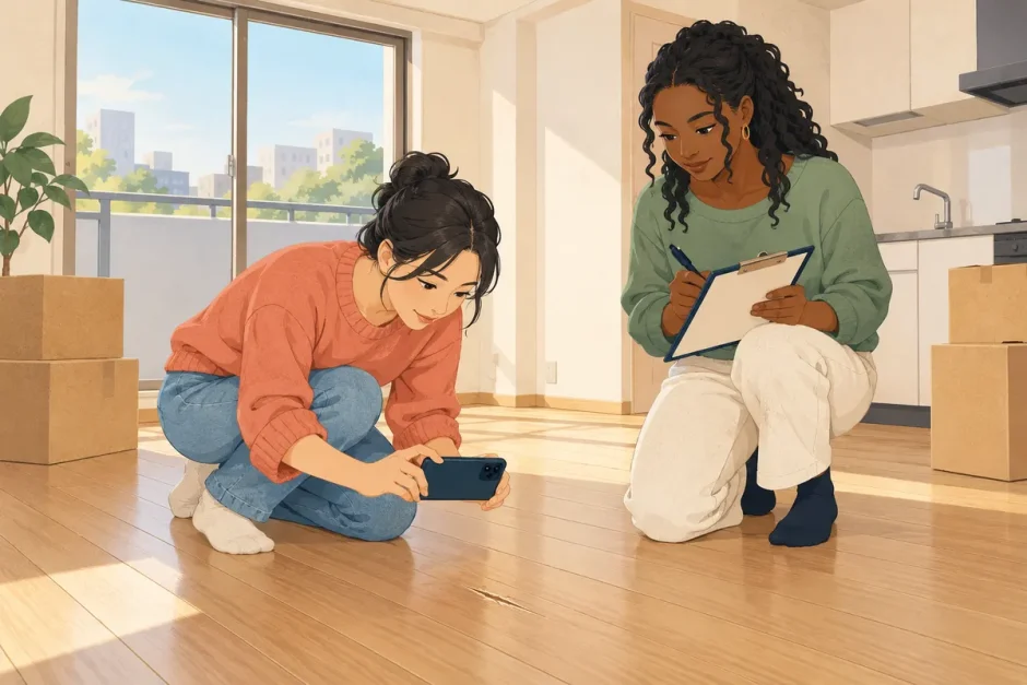 Two new tenants document a floor scratch in a Japanese apartment before unpacking