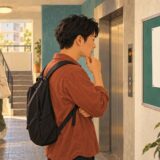 Resident reading a notice on a Japanese apartment building bulletin board