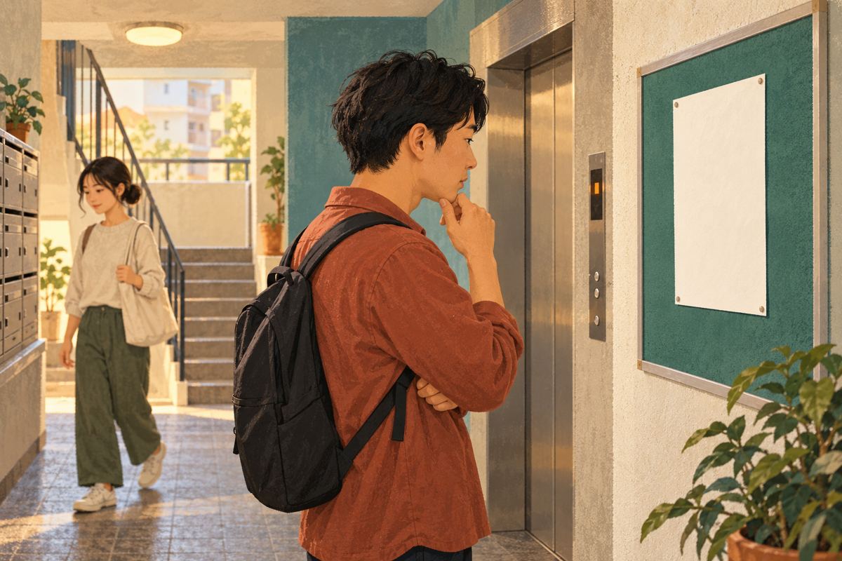 Resident reading a notice on a Japanese apartment building bulletin board