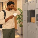 Resident reading a delivery slip beside apartment parcel lockers in Japan