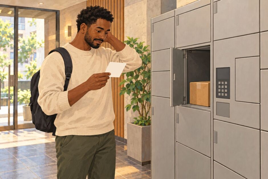Resident reading a delivery slip beside apartment parcel lockers in Japan