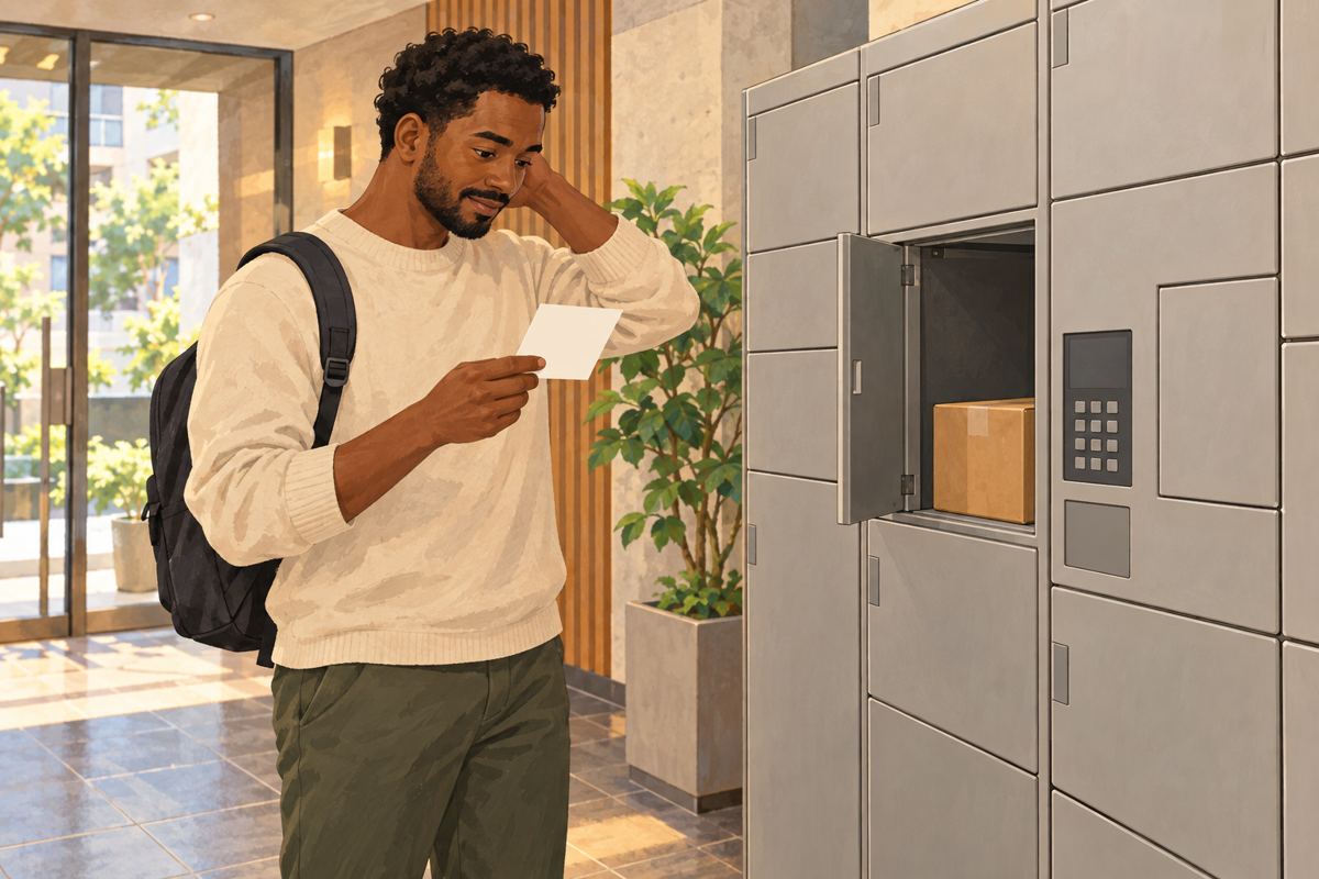 Resident reading a delivery slip beside apartment parcel lockers in Japan