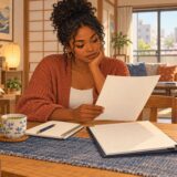 Renter reviewing a blank notice and lease papers at her apartment table