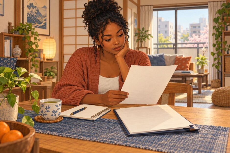 Renter reviewing a blank notice and lease papers at her apartment table