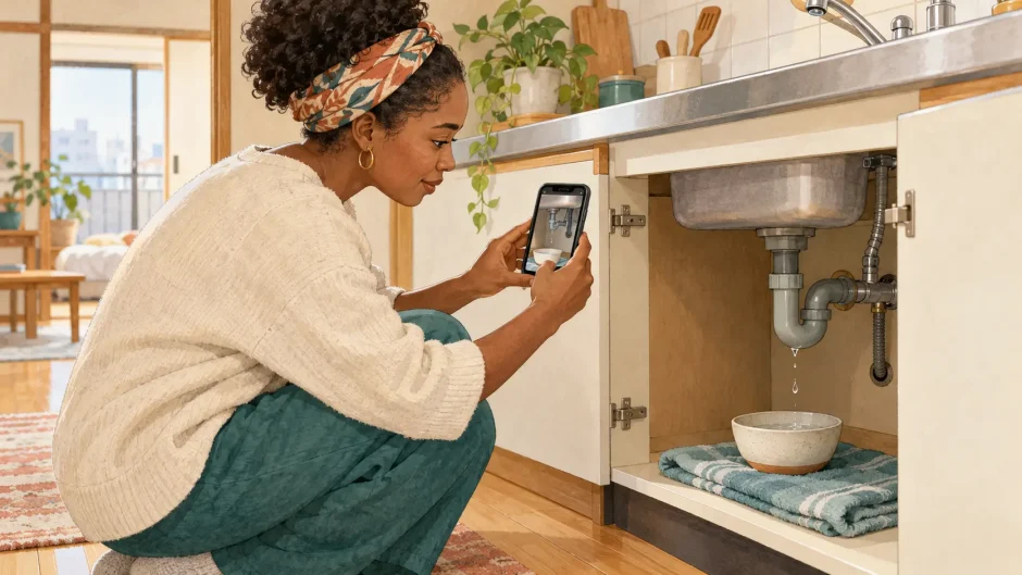 Resident photographing a leak under the kitchen sink of a Japanese rental apartment