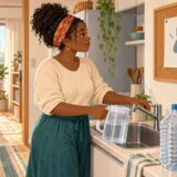 Resident filling a water jug in a Japanese apartment before a scheduled water shutoff