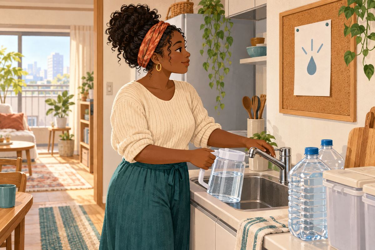Resident filling a water jug in a Japanese apartment before a scheduled water shutoff