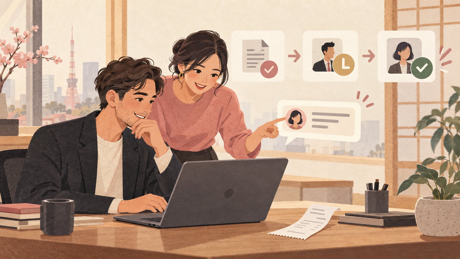 Two coworkers checking a workplace request and approver comment on a laptop, with an illustrative approval sequence