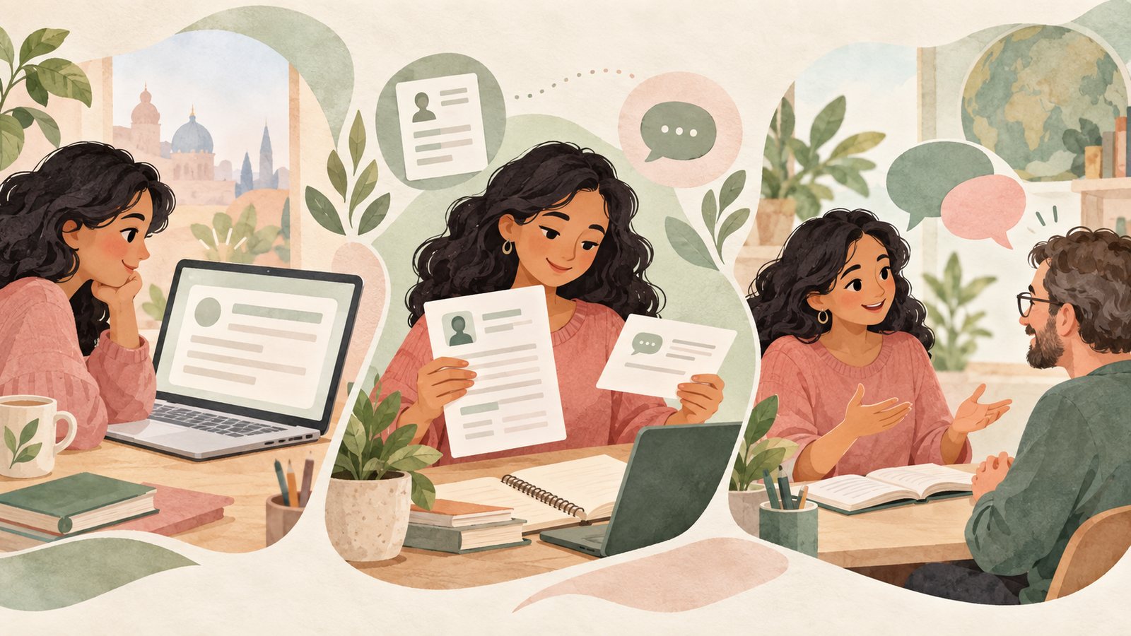 Illustration of reading a job listing, preparing a question and showing one-to-one teaching skills