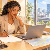 Employee planning a domestic business trip at her desk in Japan
