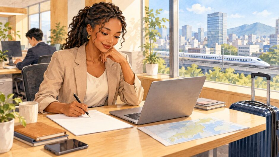 Employee planning a domestic business trip at her desk in Japan
