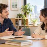 Fictional English instructor and adult learner in a one-to-one lesson