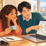 Two colleagues review a train route map while preparing a commuting allowance application