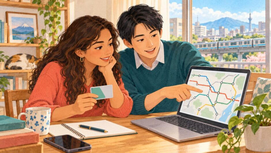 Two colleagues review a train route map while preparing a commuting allowance application