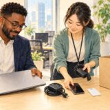 Employee and colleague checking a company laptop, charger, phone and key card for return at an office desk