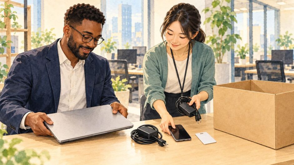 Employee and colleague checking a company laptop, charger, phone and key card for return at an office desk
