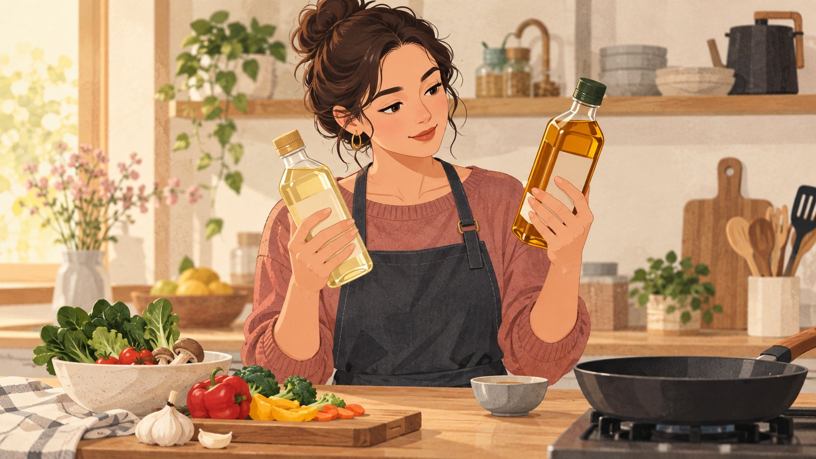 A cook compares pale and amber cooking oil bottles at a kitchen counter before preparing vegetables