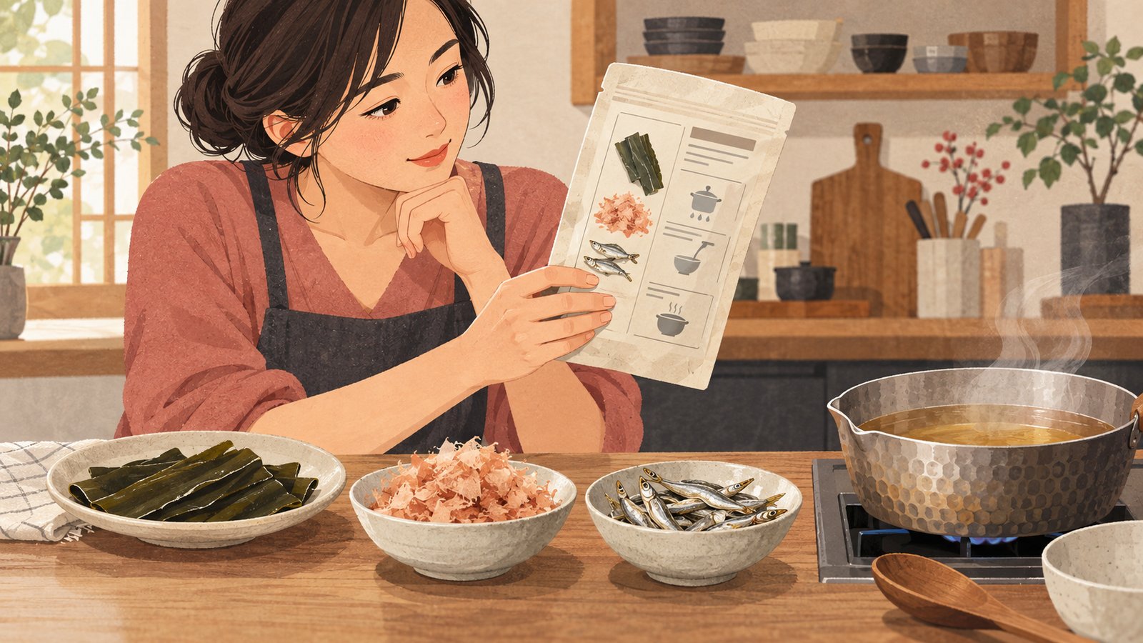 A cook reads a dashi packet beside bowls of kombu, bonito flakes and dried fish in a kitchen