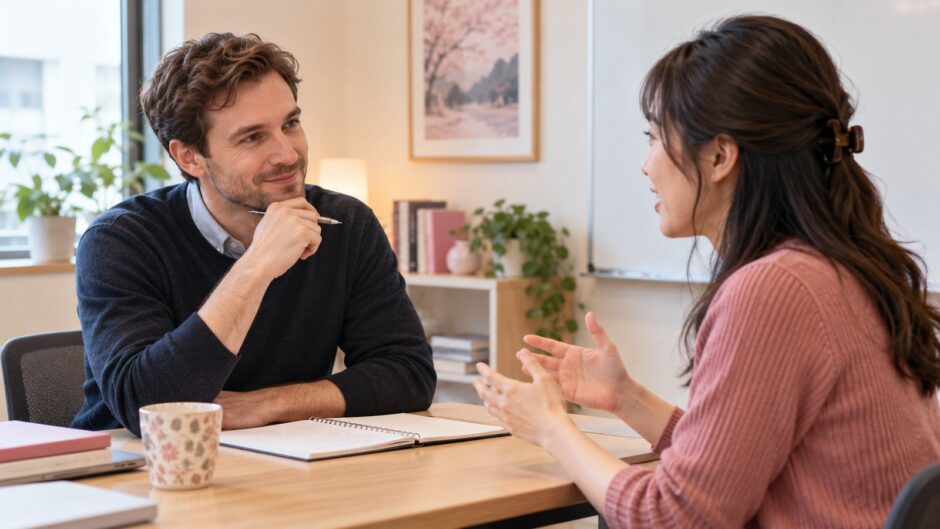 Adult learner speaking with an English teacher in a one-to-one demo lesson