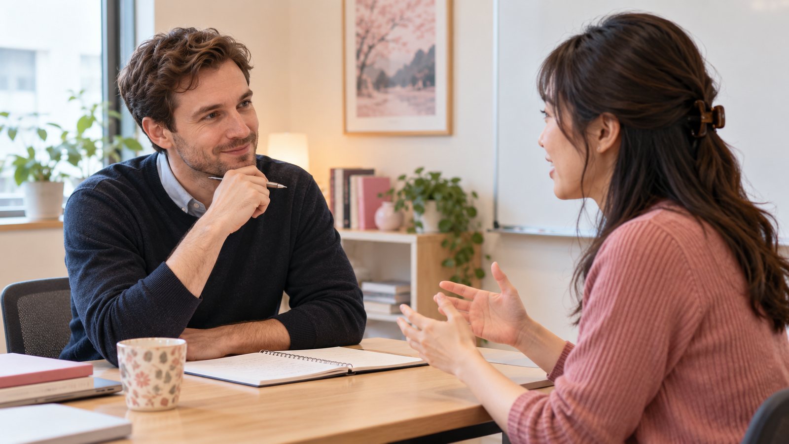 Adult learner speaking with an English teacher in a one-to-one demo lesson