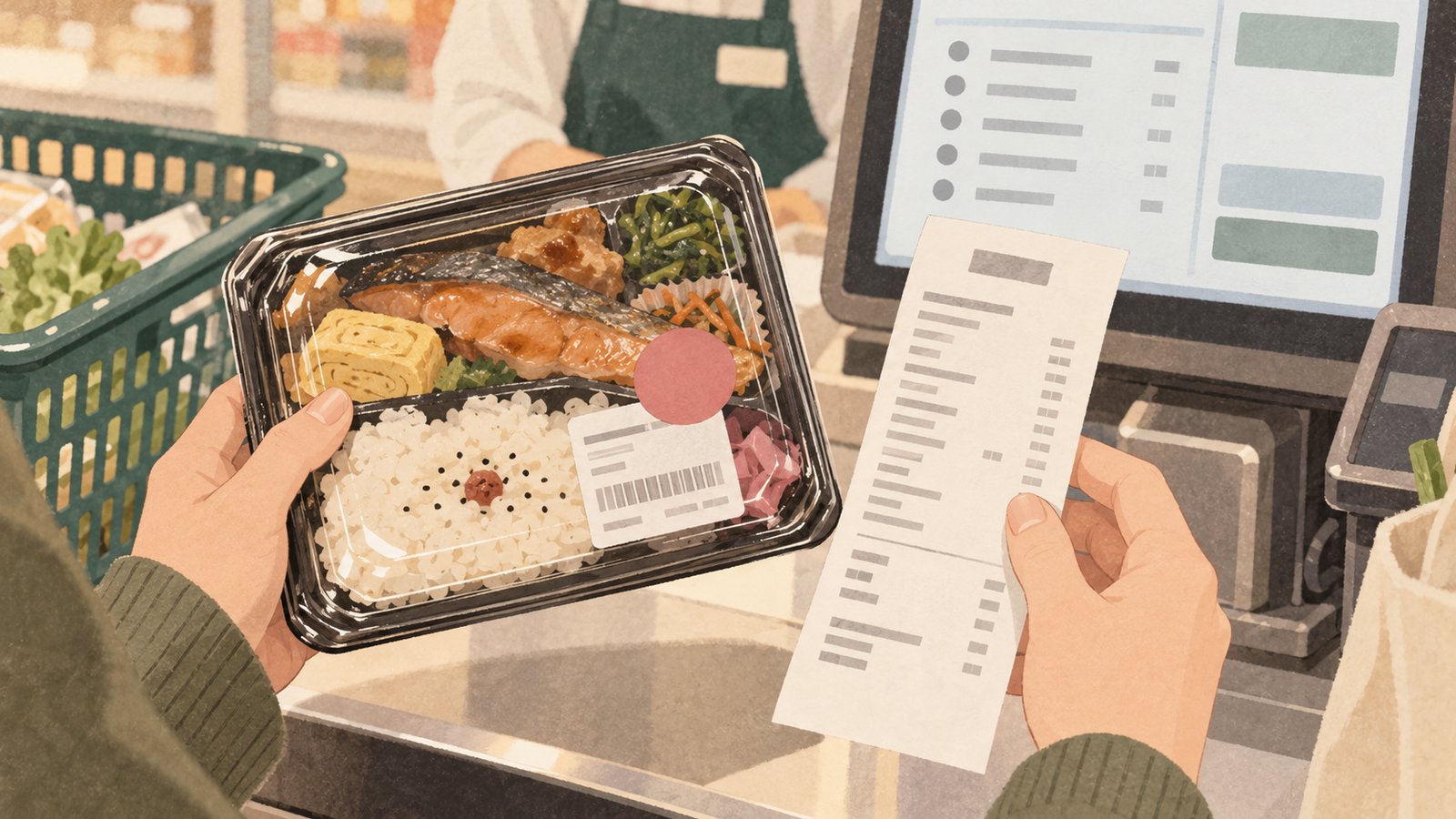 A shopper checking a receipt beside a packaged bento with a discount sticker