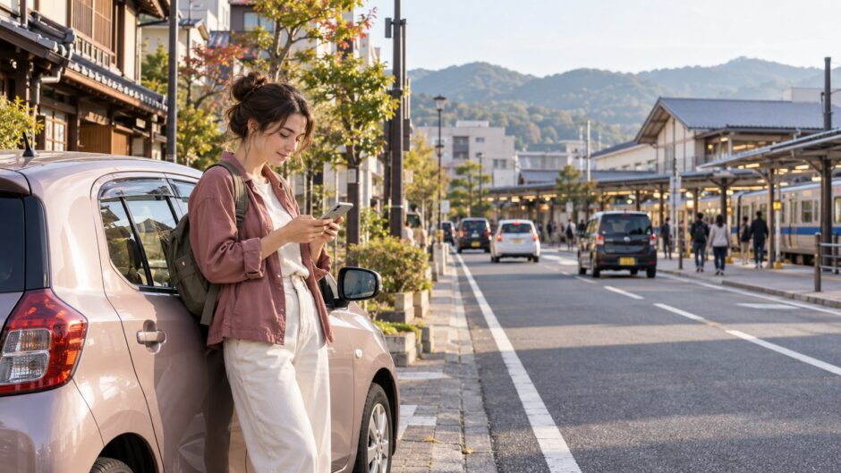 Foreign resident considering a car trip beside a regional train station in Japan
