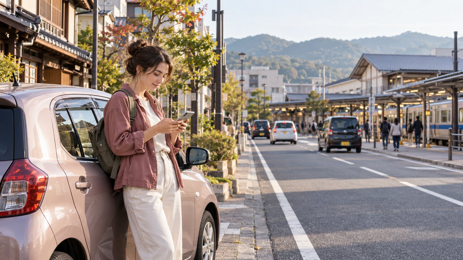Foreign resident considering a car trip beside a regional train station in Japan