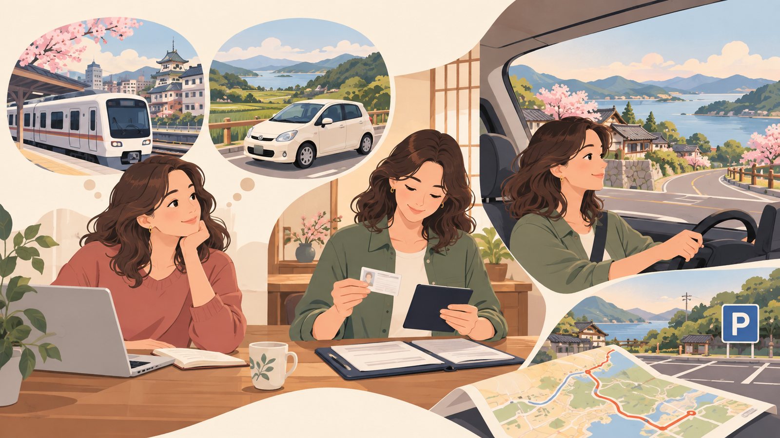 Illustration of comparing train and car travel, checking a license and planning a route with parking