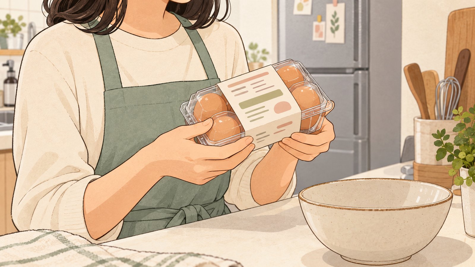 A resident checking an egg carton label beside a clean bowl in a home kitchen