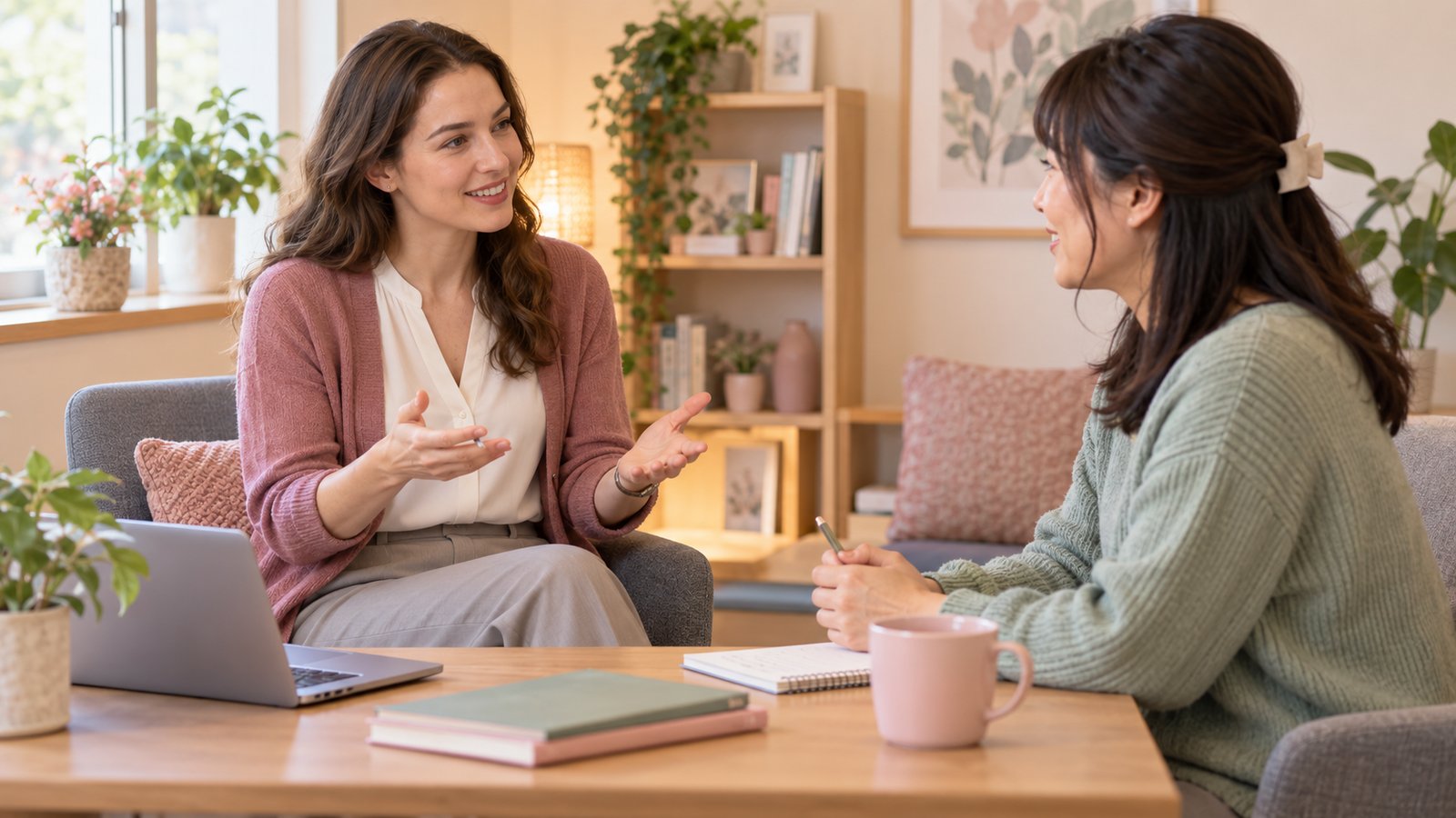 Instructor in comfortable business casual teaching an adult learner