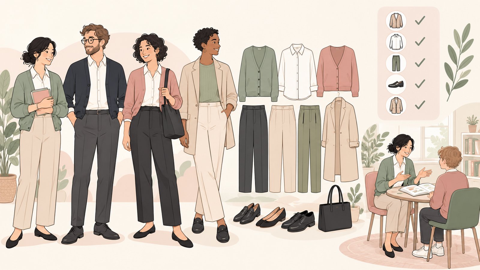 Illustration of several neat, comfortable teaching outfits with layers and practical shoes