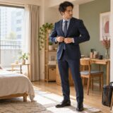 Applicant checking the fit of a navy suit before an English teaching interview