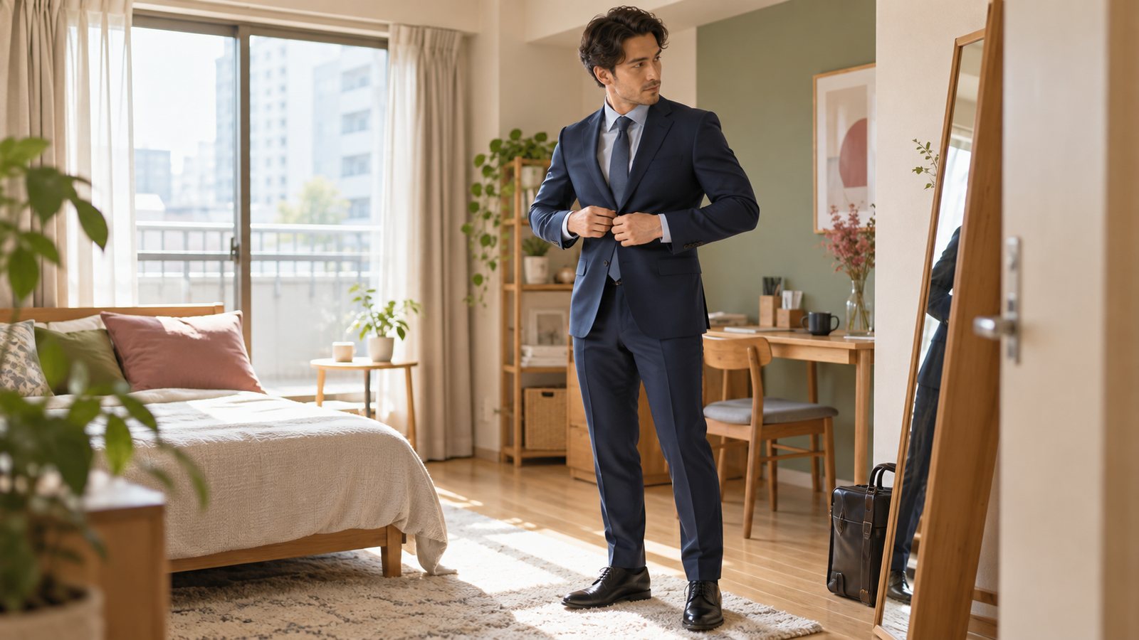 Applicant checking the fit of a navy suit before an English teaching interview