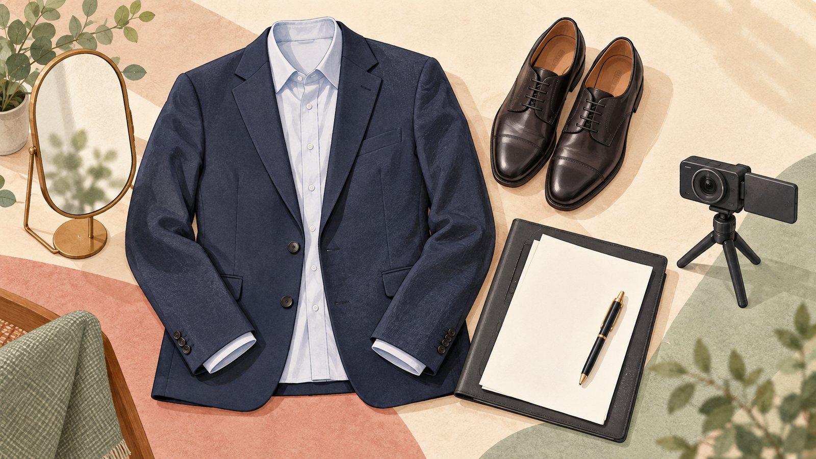 Illustration of jacket, shirt, shoes, interview notes and a video camera