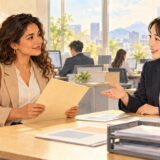 Employee asks an HR colleague about an employment certificate in a bright Japanese office