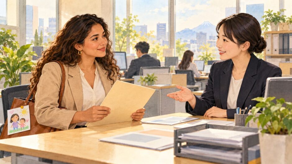 Employee asks an HR colleague about an employment certificate in a bright Japanese office
