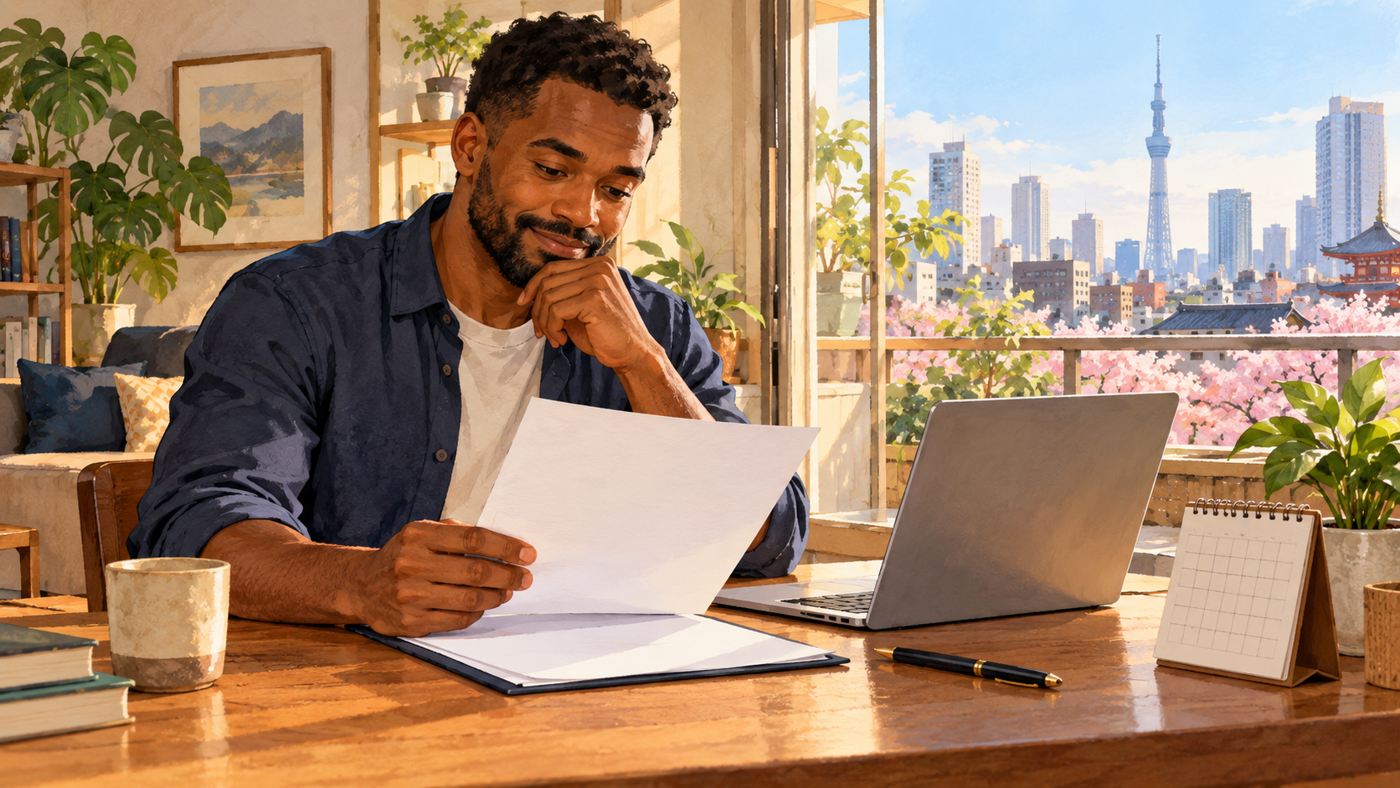 Employee reviewing a contract renewal document at home in Japan