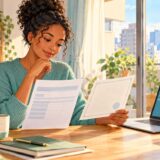 Employee reviews a payslip and a blank employment insurance certificate at home in Japan