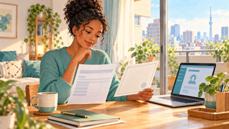 Employee reviews a payslip and a blank employment insurance certificate at home in Japan