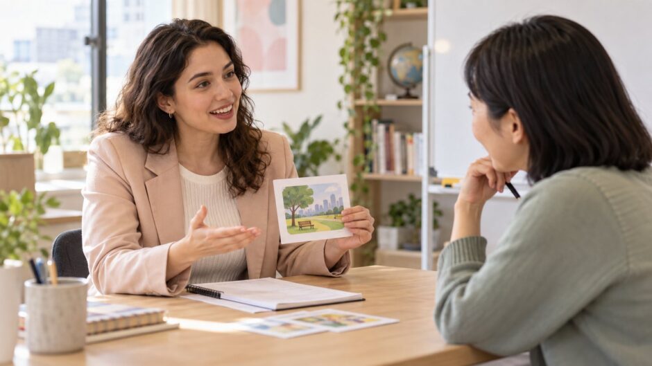 English teacher candidate demonstrating a one-to-one lesson with an adult learner