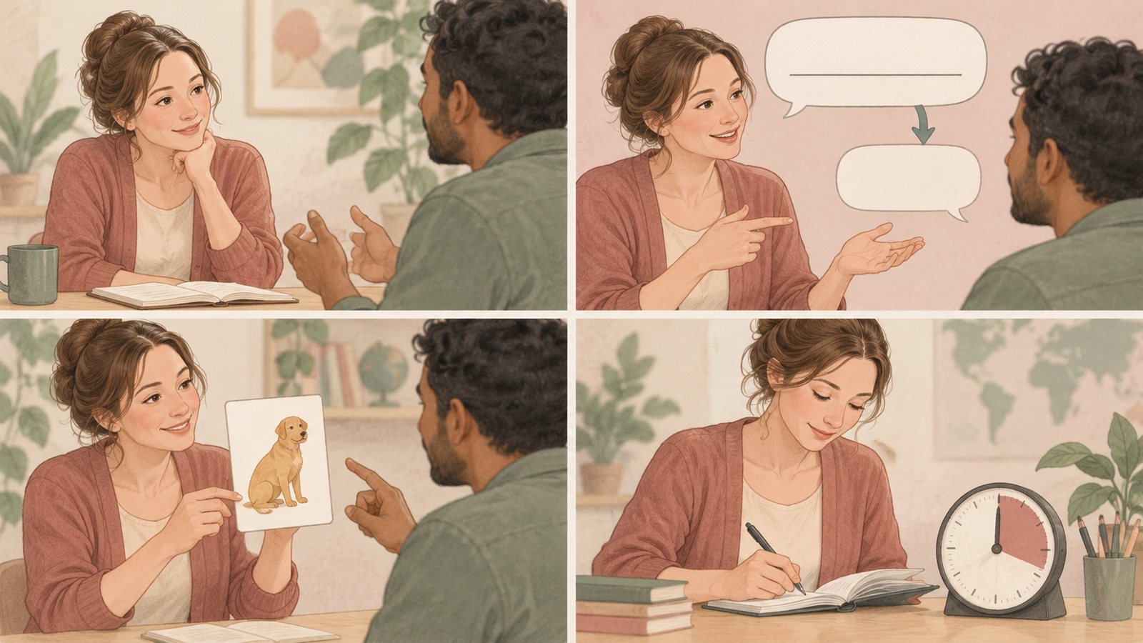 Four illustrations of listening, simplifying language, prompting a learner, and managing lesson time