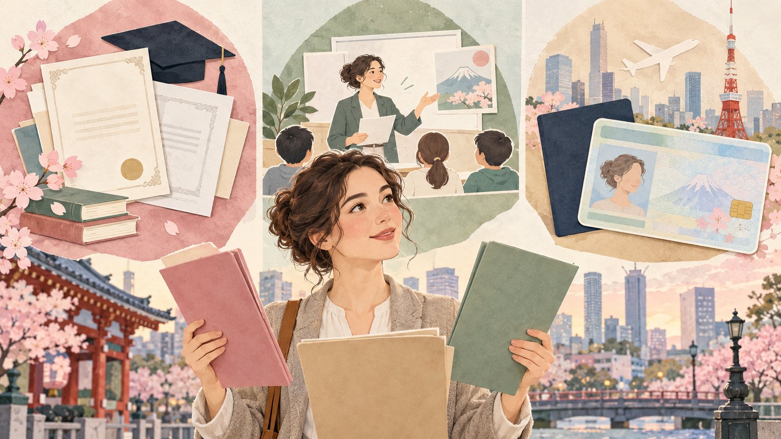 Illustration comparing education records, teaching skills and residence status before applying