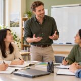 Fictional English instructor facilitating a small adult conversation group