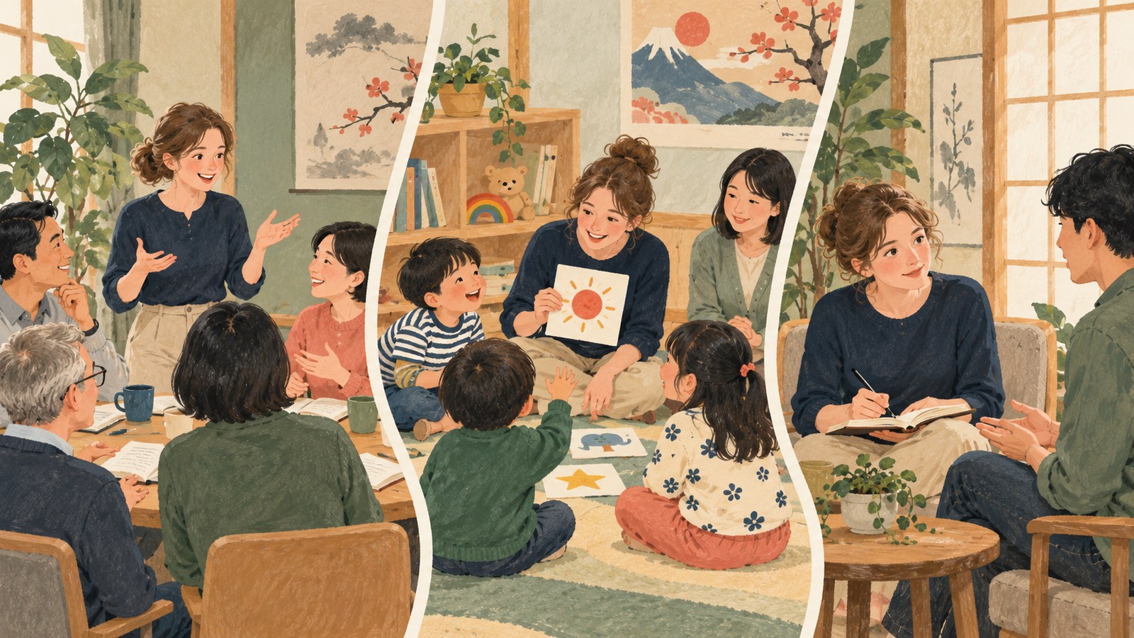 Illustration comparing adult group, children's group and one-to-one English lessons
