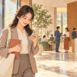 New employee checking arrival instructions at a workplace reception in Japan